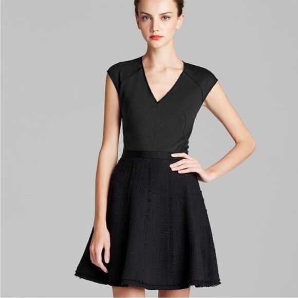Rebecca Taylor Black Ponte Knit Tweed Fit & Flare Sleeveless Dress - Picture 1 of 9